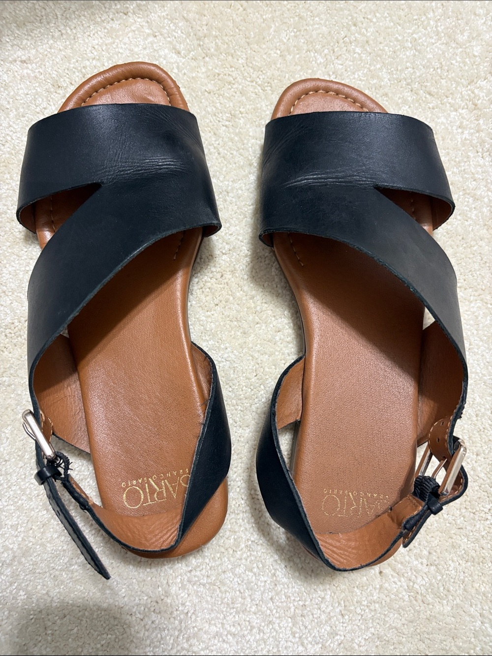 Franco Sarto Black and Brown Cross-Strap Buckle Sandals